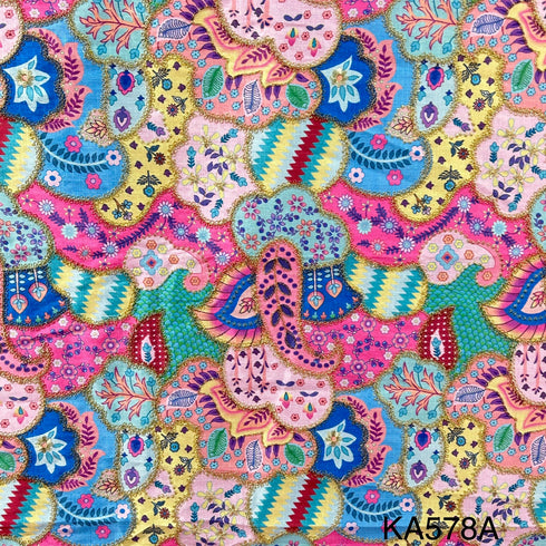 Postional Print Zari Embroidered Dupion Silk Fabric-KA578