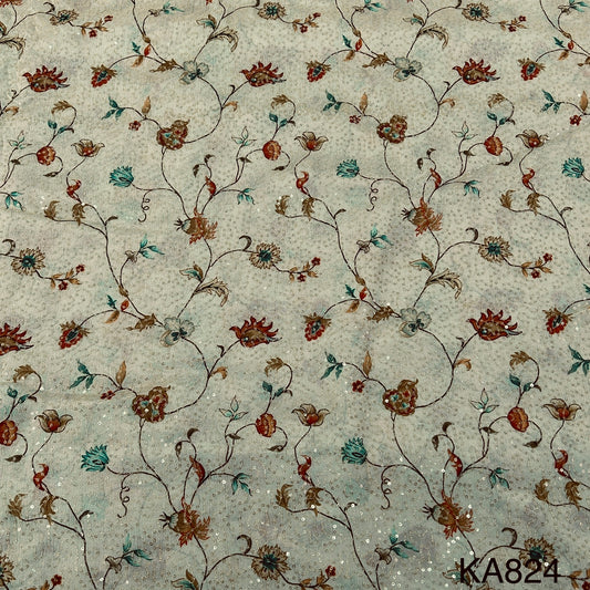 Embroidered Sequins Printed Chinnon Chiffon Fabric-KA824