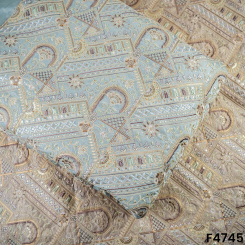 Thread Sequins Embroidered Satin Silk Fabric- F4745