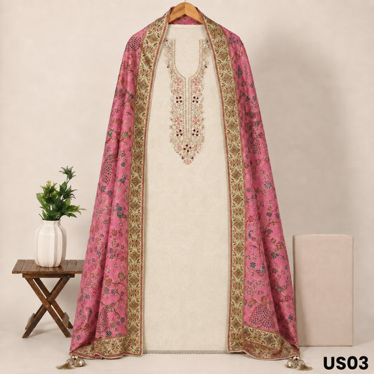 Ivory Embroidered Tissue Silk Unstitched Suit Set - US03