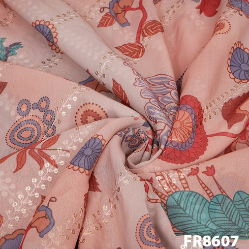 Embroidered Sequins Printed Georgette Fabric-FR8607