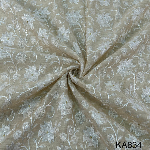 Thread Zari Embroidered Pure Chanderi Silk Fabric-KA834