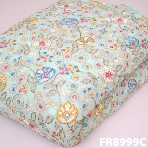 Embroidered Zari Sequins Faux Mirror Georgette Fabric-FR8999