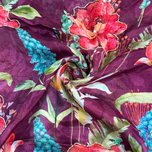 Printed Cut Dana Hand Work Chinon Fabric-KA401