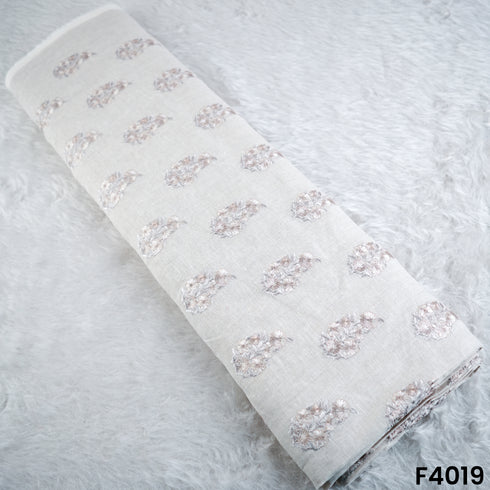 Thread Embroidered Pure Linen Cotton Fabric- F4019