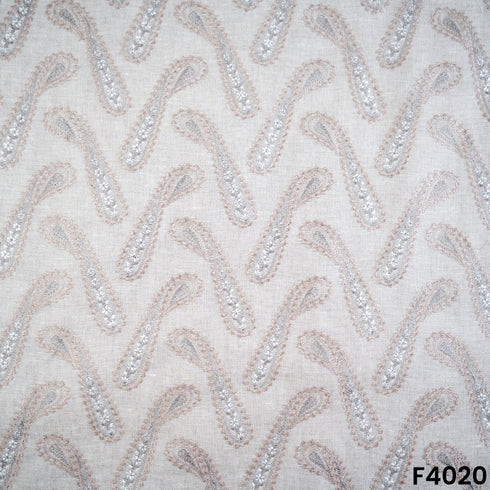 Thread Embroidered Pure Linen Cotton Fabric- F4020