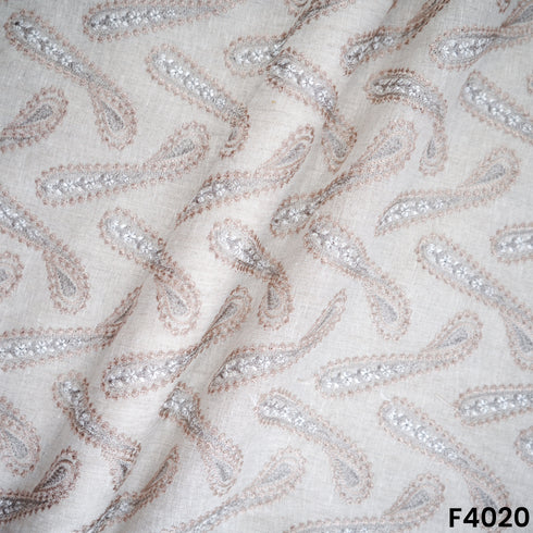 Thread Embroidered Pure Linen Cotton Fabric- F4020