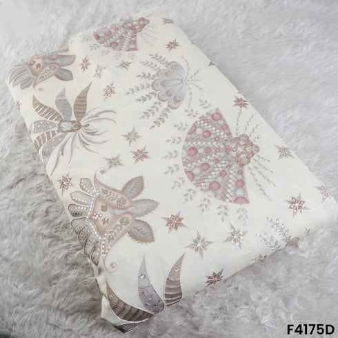 Printed Thread Sequins Embroidered Mul Chanderi Fabric- F4175