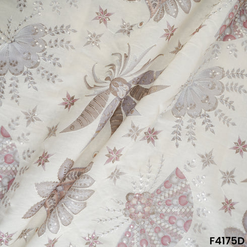 Printed Thread Sequins Embroidered Mul Chanderi Fabric- F4175