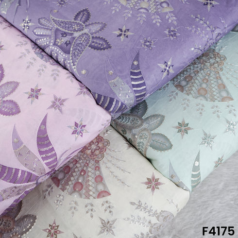 Printed Thread Sequins Embroidered Mul Chanderi Fabric- F4175