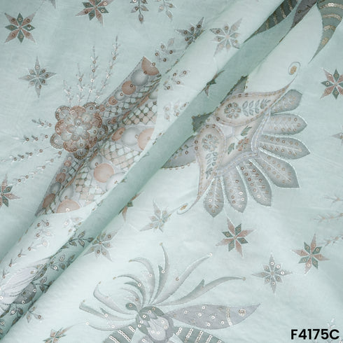 Printed Thread Sequins Embroidered Mul Chanderi Fabric- F4175