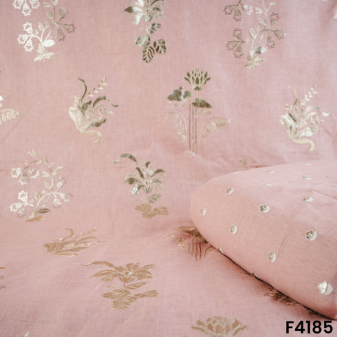 Zari Thread Sequins Embroidered Linen Cotton Fabric- F4185