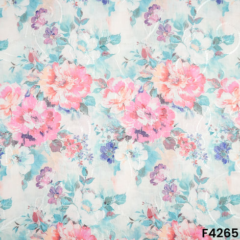Floral Printed thread Work Cambric Cotton Fabric- F4265