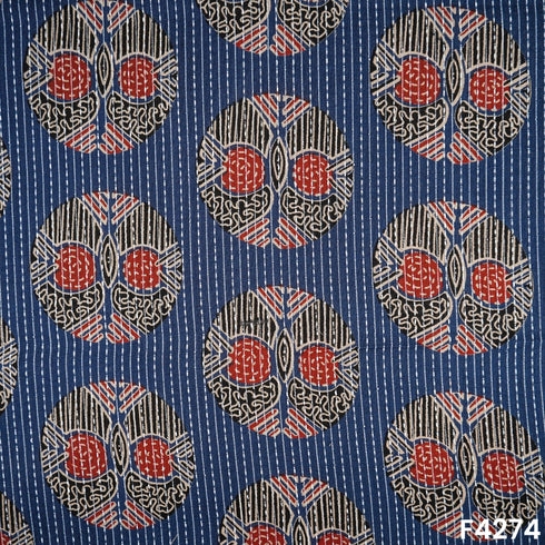 Indigo Kantha Work Cambric Cotton Fabric- F4274
