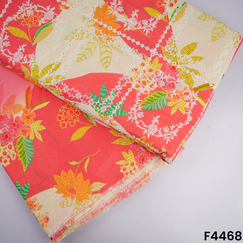 Digital Print Thread Embroidered Hakoba Cambric Cotton Fabric- F4468
