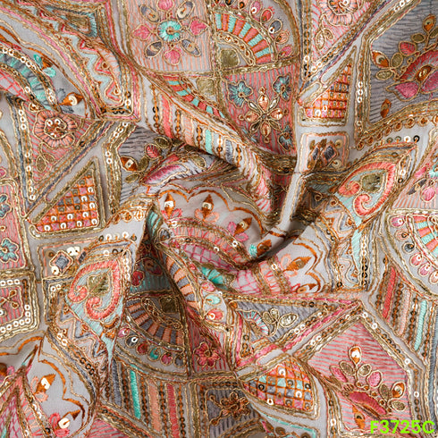 Thread Sequins Zari Embroidered Georgette Fabric-F3725