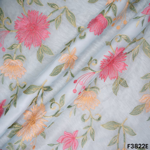 Thread Embroidered Organza Fabric- F3822