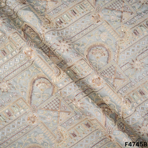 Thread Sequins Embroidered Satin Silk Fabric- F4745