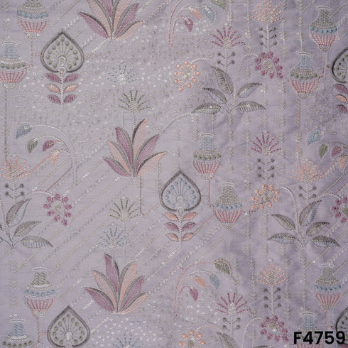 Thread Sequins Embroidered Cotton Silk Fabric- F4759