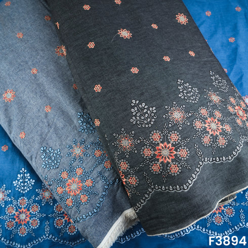 Thread Zari Embroidered Denim Cotton Fabric- F3894