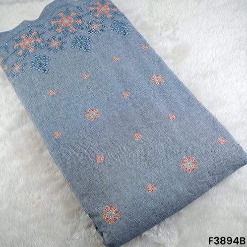 Thread Zari Embroidered Denim Cotton Fabric- F3894
