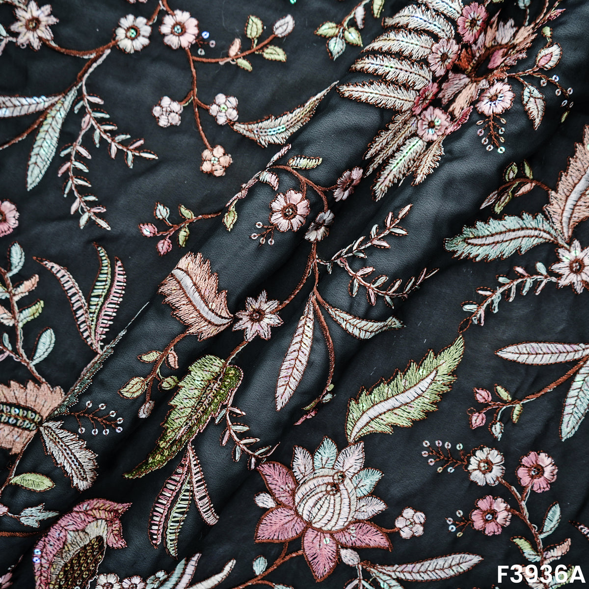 Thread Sequins Embroidered Georgette Fabric- F3936