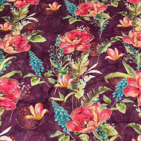 Printed Cut Dana Hand Work Chinon Fabric-KA401