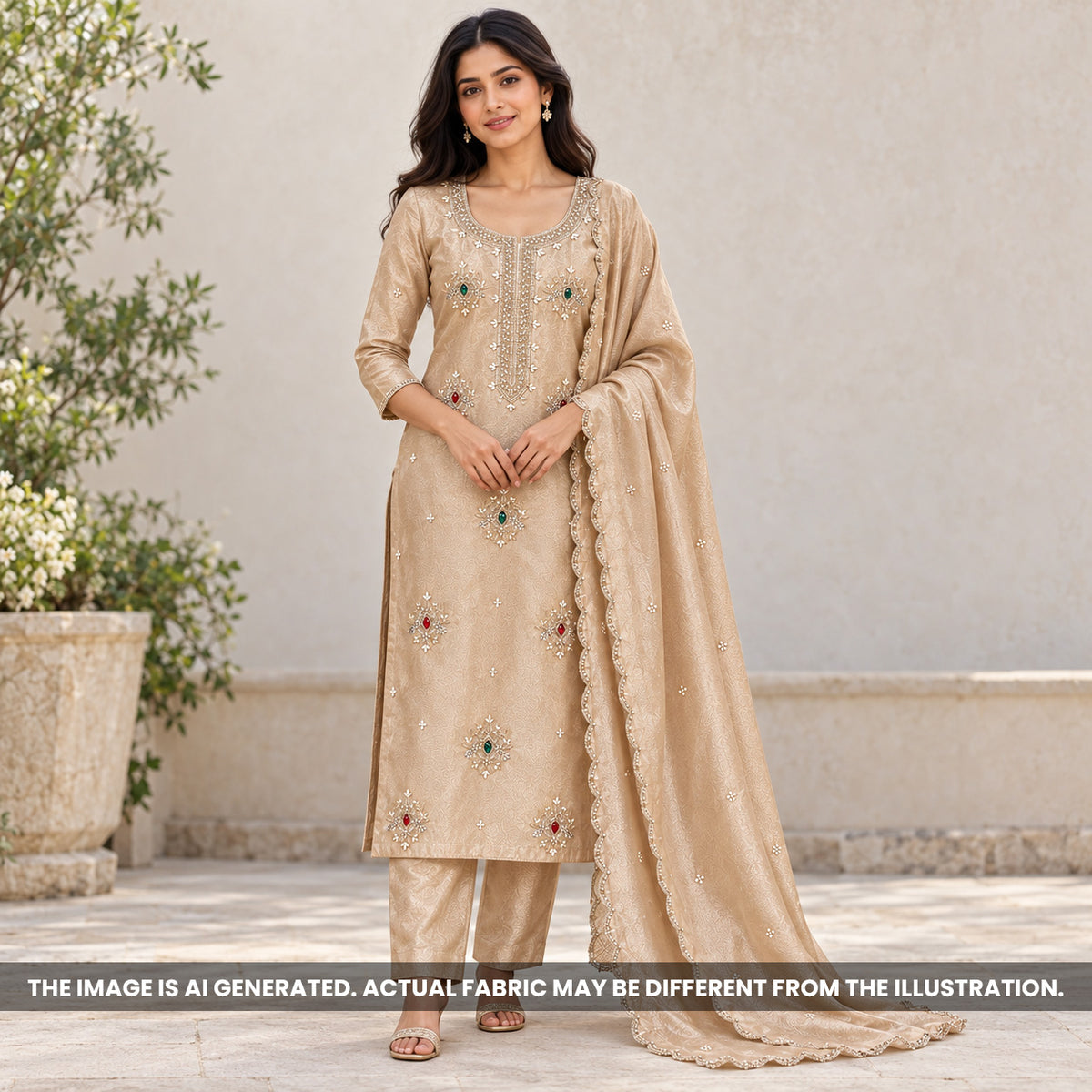 Champagne Gold Glass Tissue Embroidered Unstitched Suit Set - US32