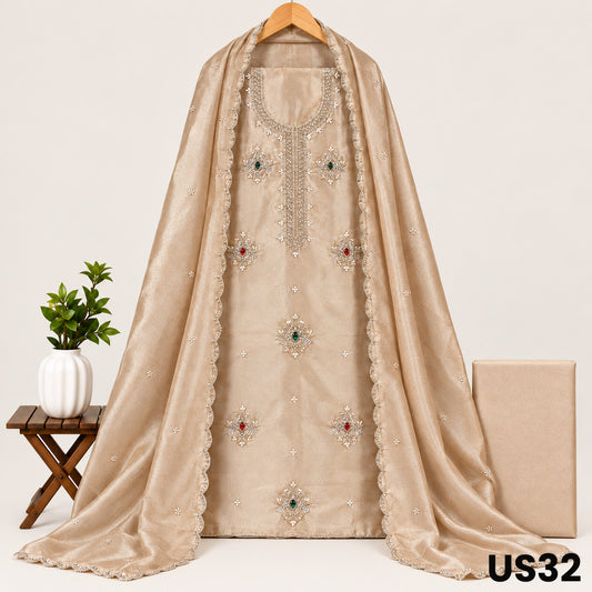 Champagne Gold Glass Tissue Embroidered Unstitched Suit Set - US32