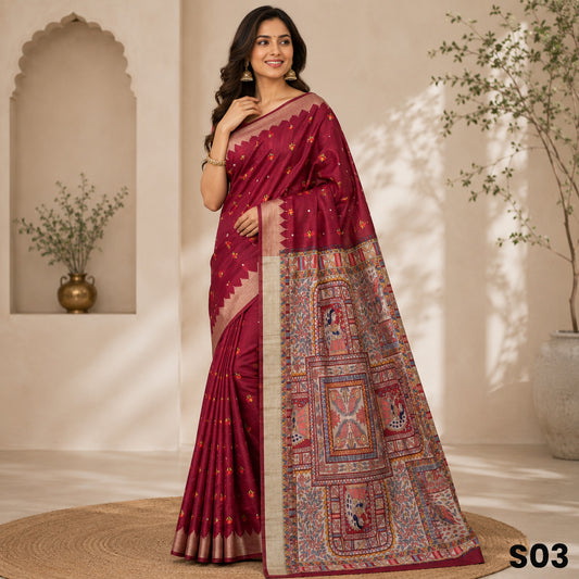 Maroon Thread Embroidered Madhubani Print Dupion Silk Saree - S03