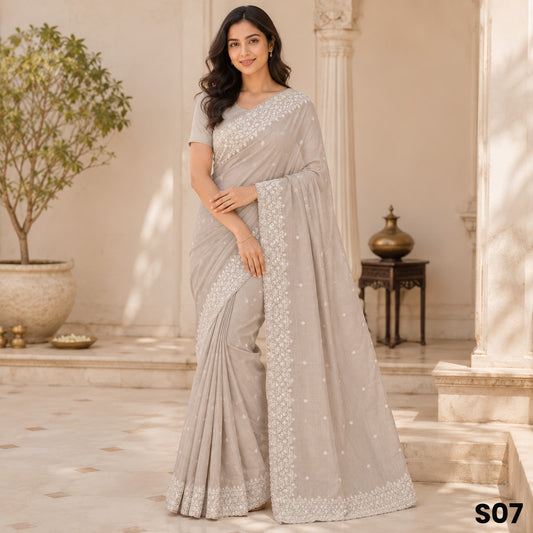 Light Beige Thread Embroidered Dupion Silk Saree - S07