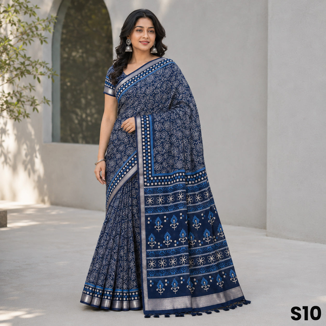 Indigo Print Linen Saree - S10