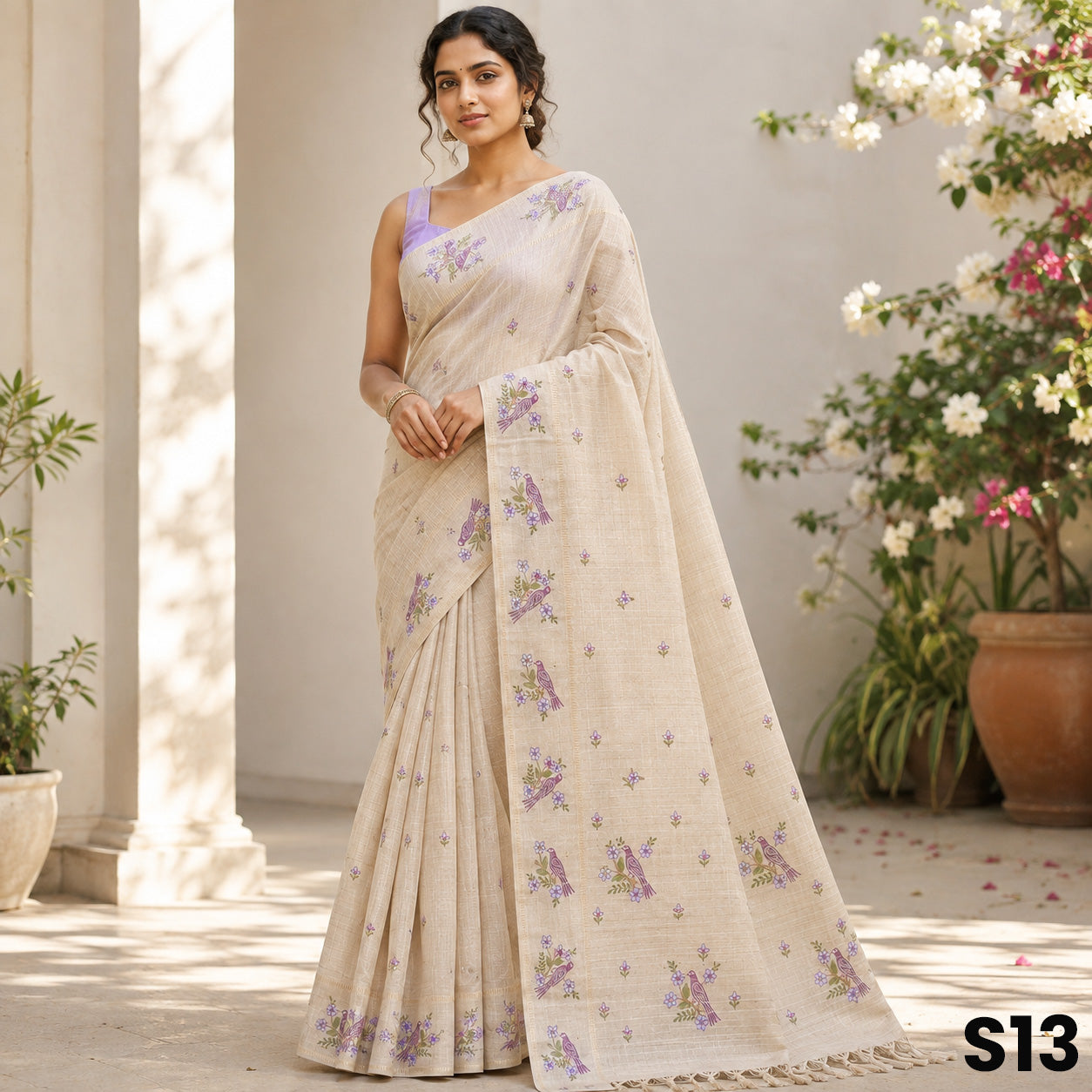 Light Beige Thread Work Tussar Silk Saree - S13