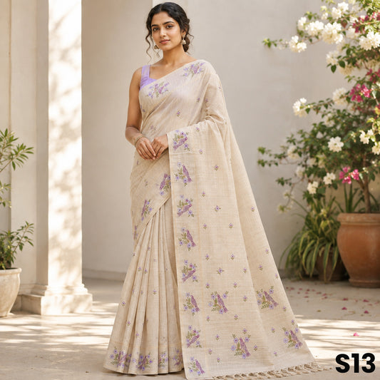 Light Beige Thread Work Tussar Silk Saree - S13