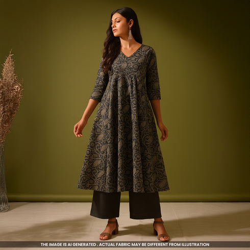 Kalamkari Print Hnadloom Cotton Fabric- F4681