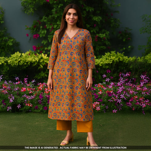 Kalamkari Print Cambric Cotton Fabric- F4684