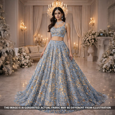 Cut Dana Sequins Pearl Embroidered Net Fabric - F5558