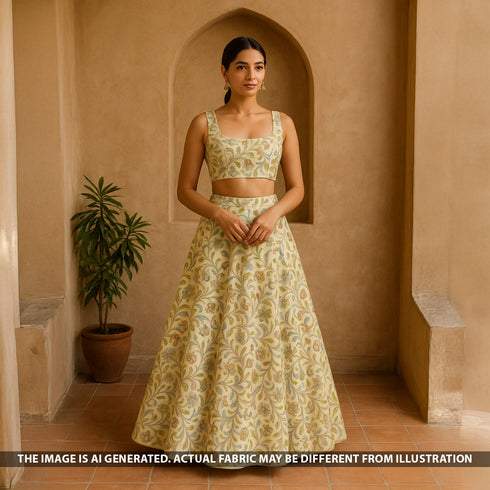 Digital Print Zari Embroidered Cotton Silk Fabric - F5337