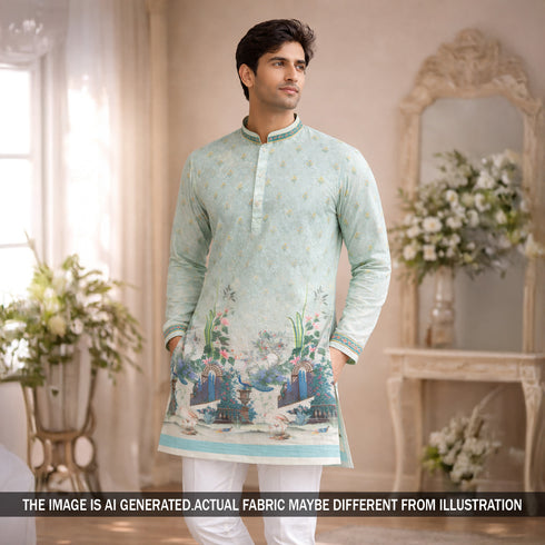 Digital Print Chikankari Sequins Work Cotton Fabric - F5834