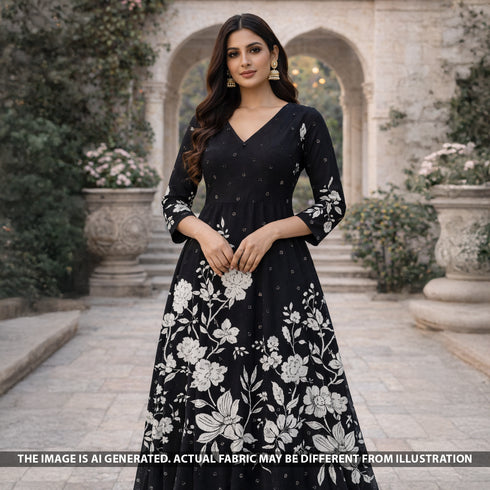 Digital Print Thread Sequins Work Crepe Fabric - F5657