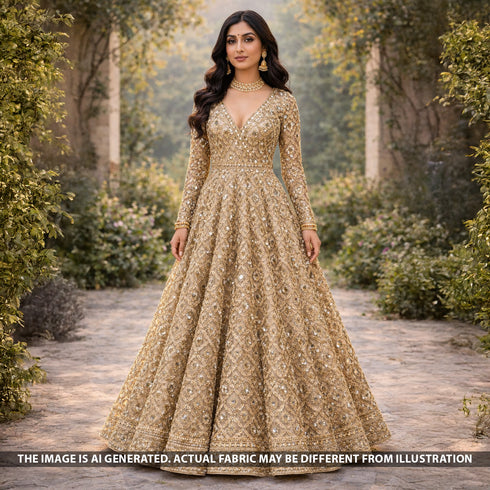 Zari Sequins Faux Mirror Fancy Cut Work Fabric - F5707