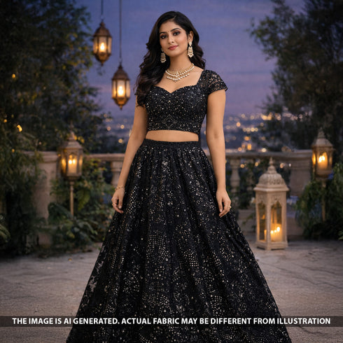 Cut Work Faux Mirror Thread Sequins Embroidered Net Fabric - F5606