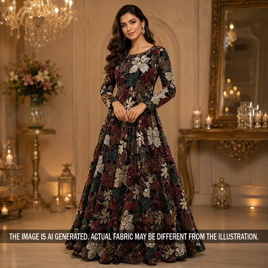 Cut Dana Thread Zari Sequins Pearl Embroidered Georgette Fabric - F7031