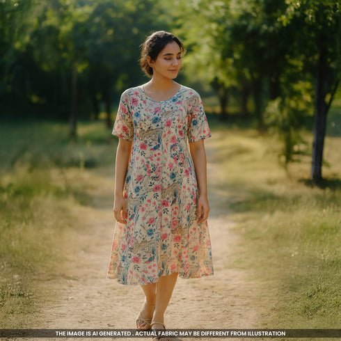 Flower Print Tussar Silk Fabric- F4518