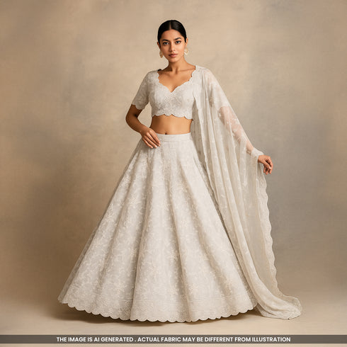 Dyeable Cut Work Thread Sequins Embroidered Organza Fabric- F4190