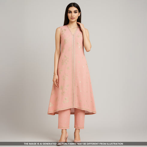 Zari Thread Sequins Embroidered Linen Cotton Fabric- F4185