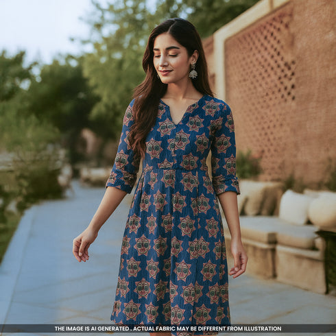 Indigo Print Kantha Work Cambric Cotton Fabric- F4272