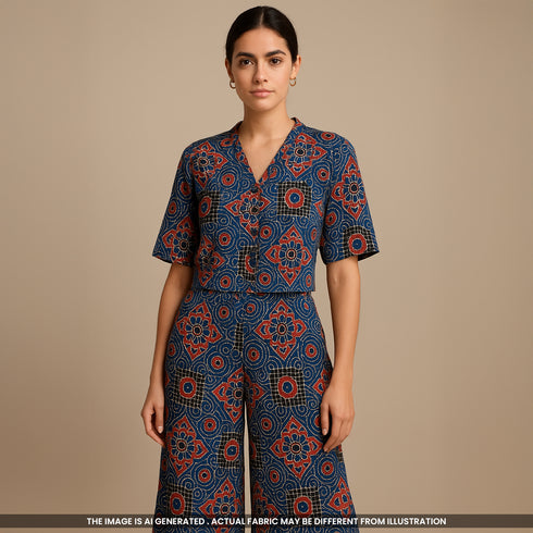 Indigo Print Kantha Work Cambric Cotton Fabric - F4273