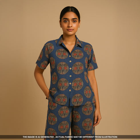 Indigo Kantha Work Cambric Cotton Fabric- F4274