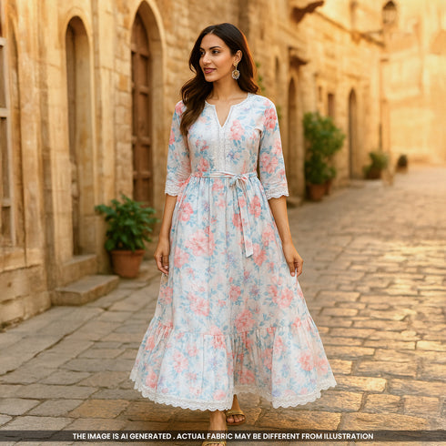 Floral Printed thread Work Cambric Cotton Fabric- F4265